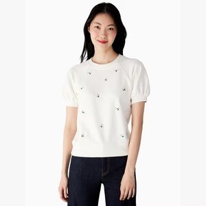 Kate Spade New York Honey Bee Embroidered White Puff Short Sleeve Pullover Top